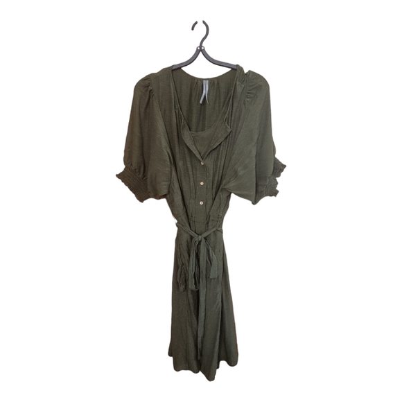 Anthropologie Nicole Linen Blend Green Puff Sleeve Shirt Dress - Picture 7 of 11
